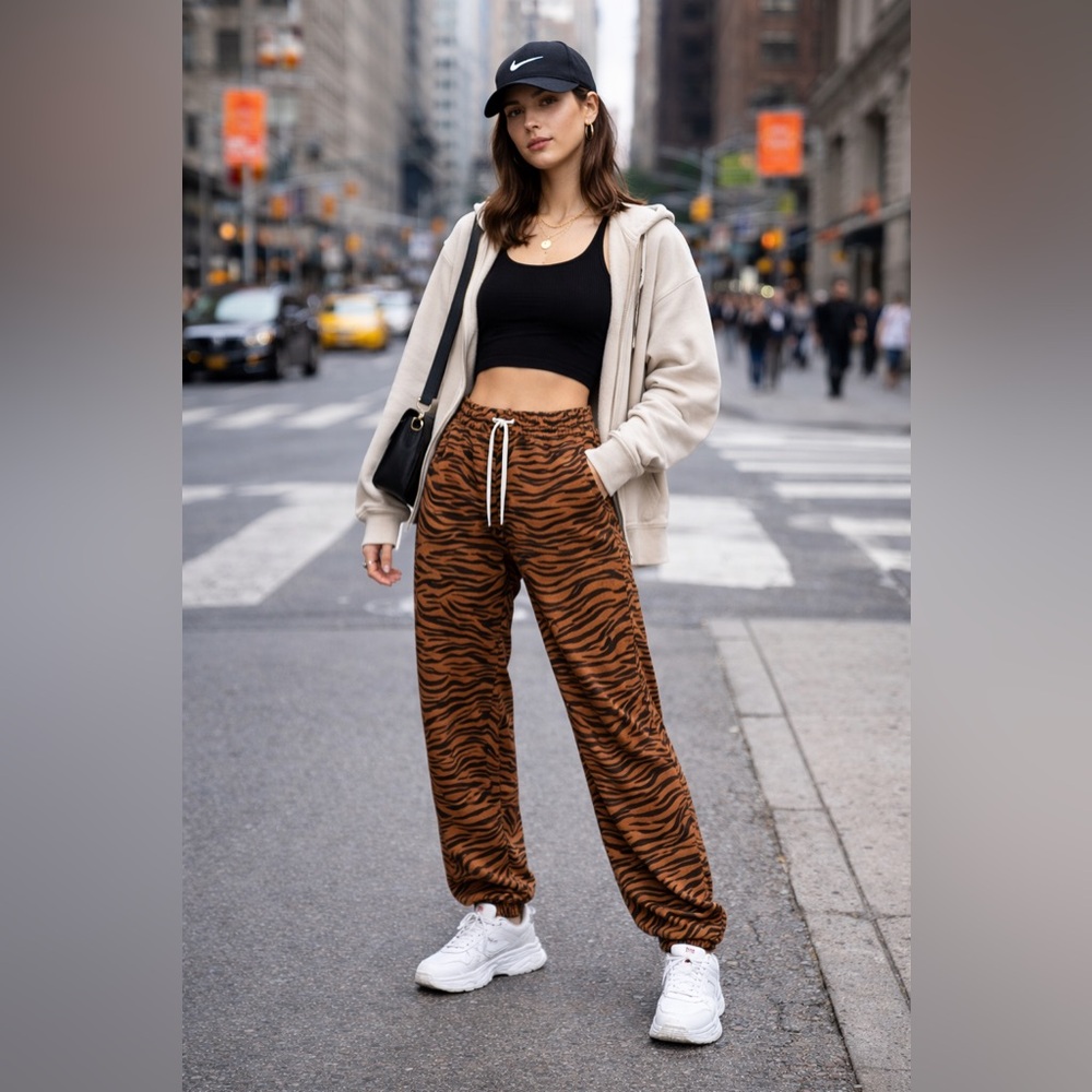 Mid rise Tiger Print Jogger Pants in Brown
